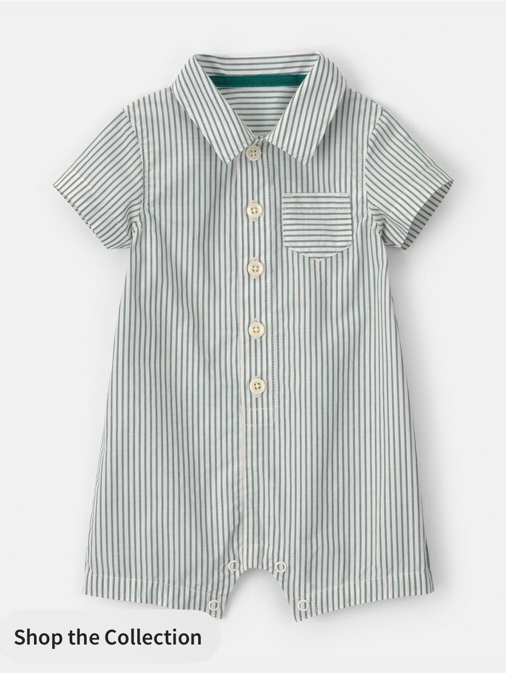 Carter's boy Green and White Striped short sleeve Button-Front Baby Romper